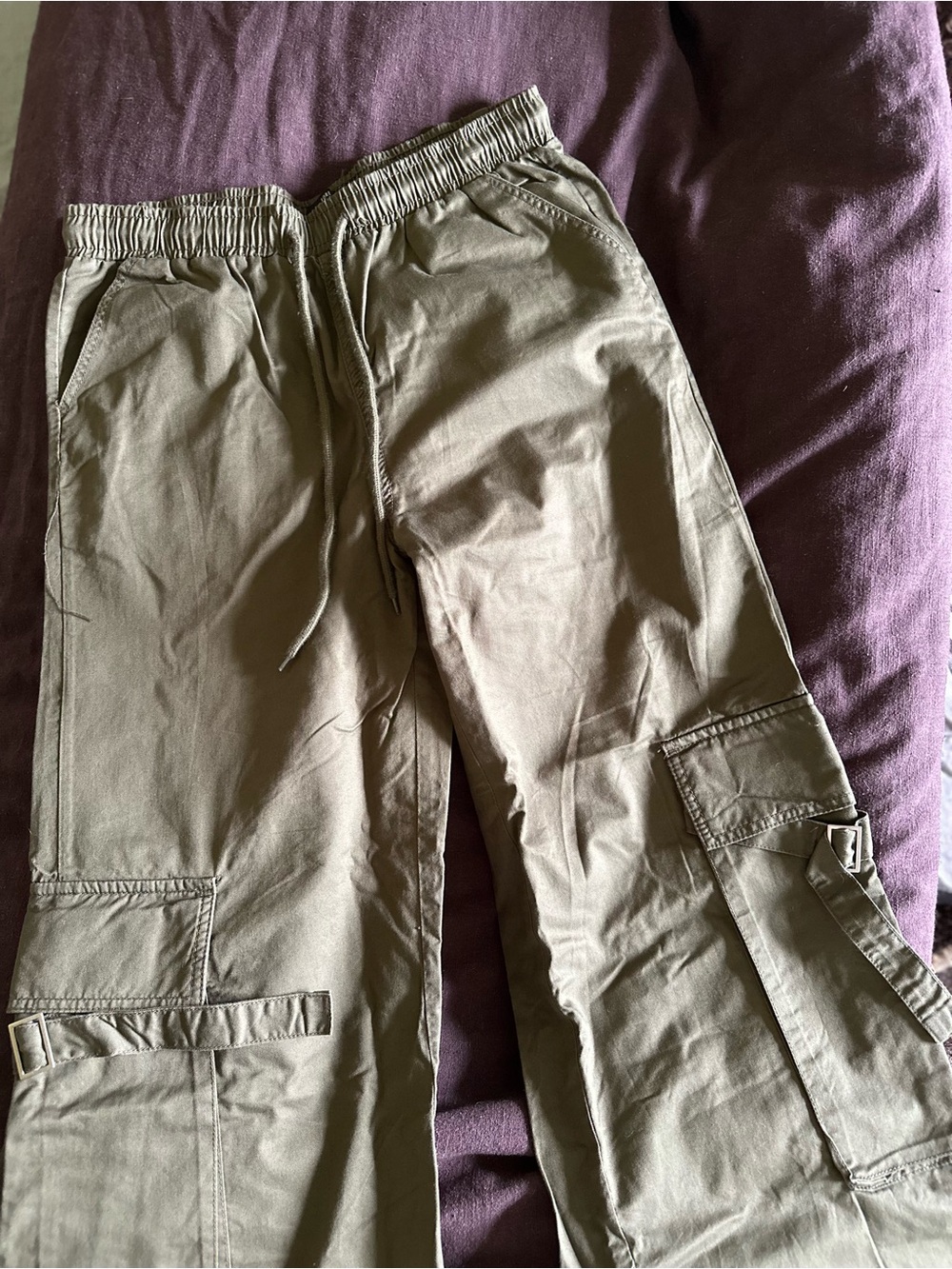 Olive Green Cargo Drawstring Wide-Leg Pants